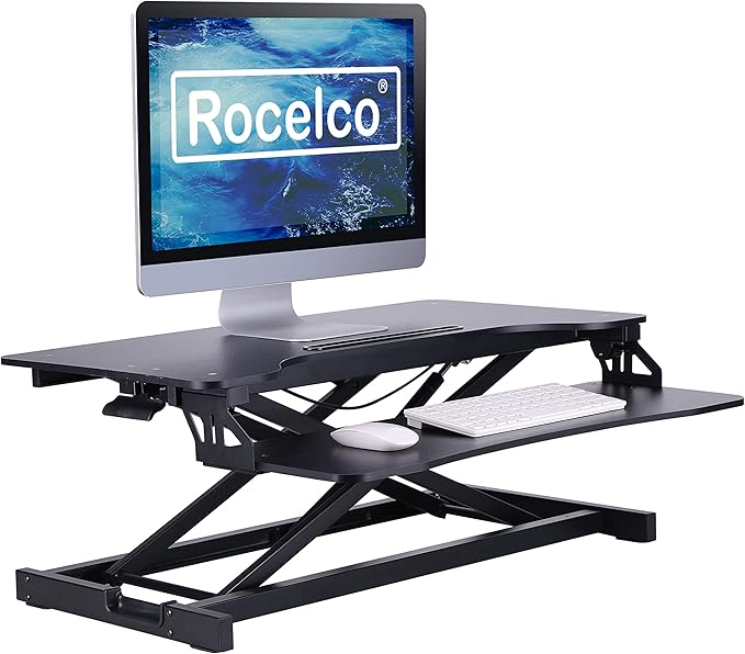 Rocelco Standing Desk Converter 31.5 Inch Sit Stand Up Dual Monitor Tabletop Riser with Tablet Mount, Height Adjustable Home Office Workstation - Deep Keyboard Tray for Laptop Mouse - Black (R VADRB)