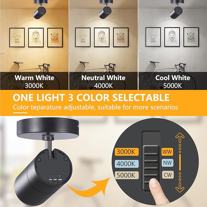 VANoopee 3-Color Dimmable Ceiling Spotlight Flush Mount Adjustable Spotlight Directional LED Spot Lights Indoor Bright Accent Fixture for Living Room Bedroom - CRI90 36° Flicker Free 20W 2000lm Black