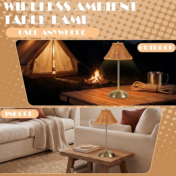 4 Pack Wedding Cordless Rattan Table Lamps Wicker Night Light LED Rechargeable Reading Lights 3 Color Portable Touch Control Party Decor with Bows for Outdoor Party Wedding Patio