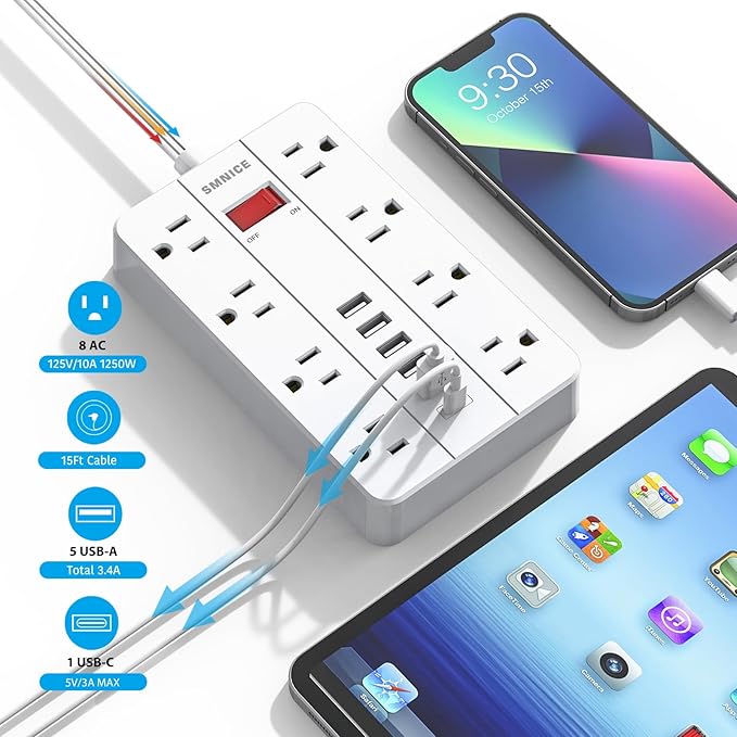 Flat Plug Extension Cord 15 Ft, SMNICE Surge Protector Power Strip with 8 Widely Spaced Outlets and 6 USB(1USB C) Ports, Wall Mount Long Charging Station for Dorm Home, Office Accessories, White