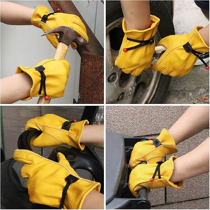 HLDD HANDLANDY Leather Work Gloves for Men & Women, Adjustable Wrist Cowhide Gardening Glove with Reinforced Palm for Driver