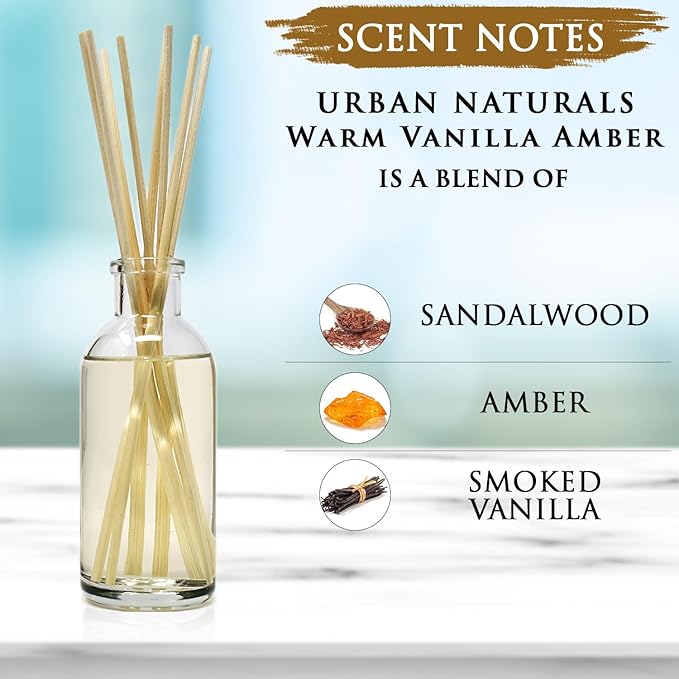 Urban Naturals Warm Vanilla Amber Reed Diffuser Gift Set | Creamy. Warm. Sultry. Notes of Sandalwood, Amber & Smoked Vanilla | Made with Essential Oils & Real Botanical Pieces