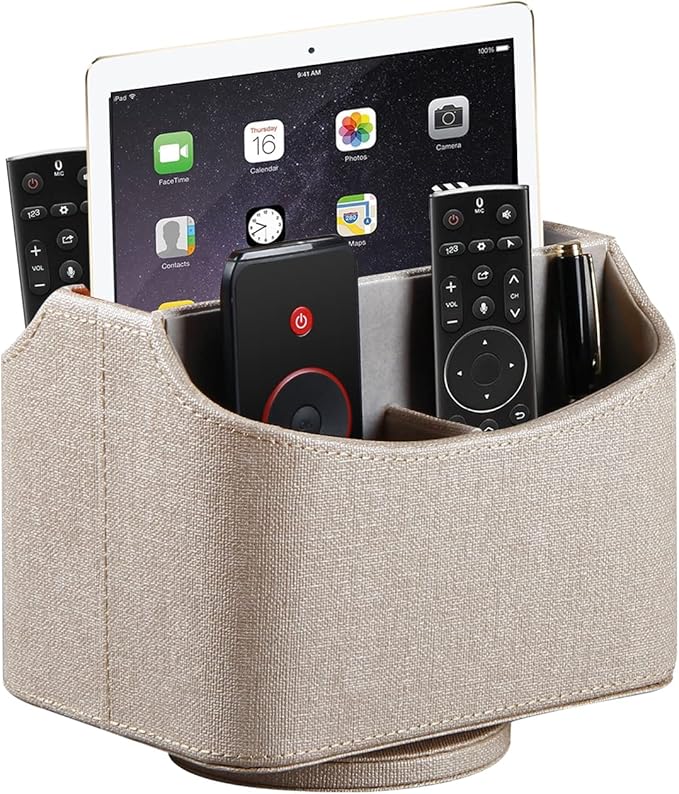 Remote Control Holder, Swivel Desk Organizer and Decorations for Living Room, Bedside Table Organizer Remotes Caddy for TV Controllers/ Stationery/ Art Supplies/ Pen, PU Leather Room Decor Aesthtic