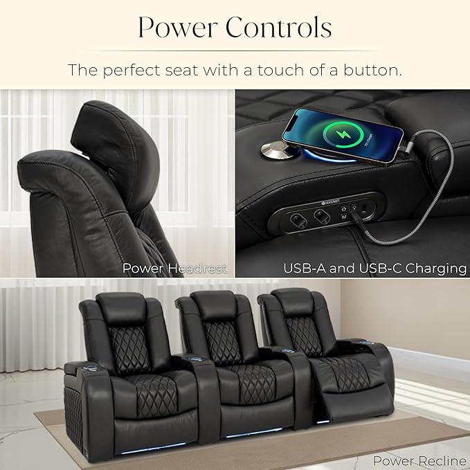 Seatcraft Diamante Zero-Gravity CoolZero Italian Leather Home Theater Seating, Power Headrest, Power Recline, Row of 3 Sofa, Black