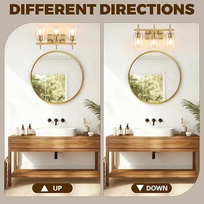 Asnxcju 3-Light Brushed Gold Bathroom Light Fixtures, Modern Gold Vanity Lights with Clear Textured Glass Shades for Mirror, Bathroom Wall Sconces Lighting for Kitchen Living Room Hallway Porch