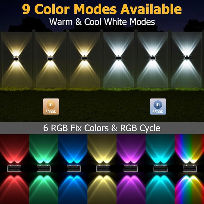 Solar Fence Lights Outdoor, 12 Pack Warm & Cool White RGB LED IP68 Waterproof Wall Mount Sconce Up & Down Solar Lights for Outside Garden Patio Backyard Garage Step（White
