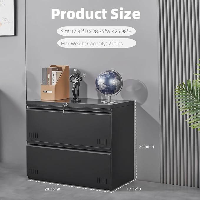 Metal File Cabinet with Lock, 2 Drawer Lateral File Cabinets for Home Office, Printer Stand, Heavy Duty Office Storage Cabinet for A4/Letter/Legal Size, Assembly Required(Black)