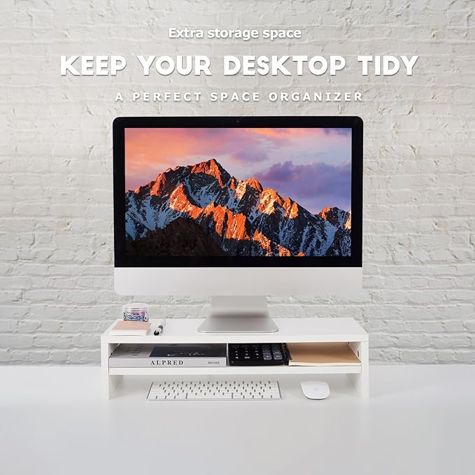 BEYGORM Monitor Stand Riser White, 21.6 inch 2 Tiers Wood Desk Shelf Computer Screen Stand with Storage for Desktop Laptop/Screen/TV/PC/Printer, Desk Shelf Organizer 21.6" L x 7.8" W x 5.2" H