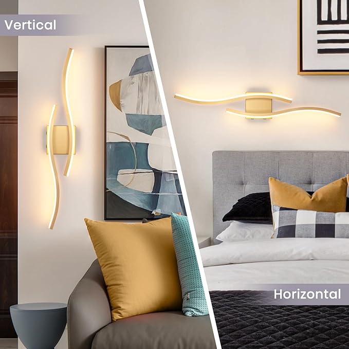 Modern LED Wall Sconce Set of Two, Battery Powered Wall Sconces Set of 2 with Timer, Gold Wall Light with Remote, LED Wall Lamp Indoor not Hardwired for Bathroom Living Room Bedroom Corridor