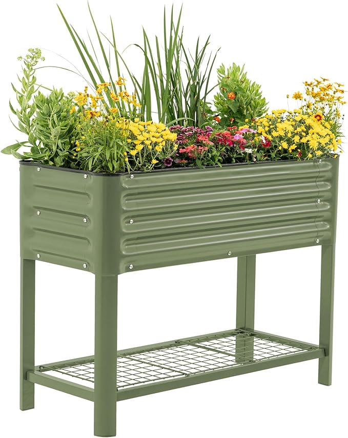 Elevated Raised Garden Bed- Slim Series, 1.5' x 3.5' Outdoor Planters Boxes with Legs & Storage Rack for Patio, 500 Lbs Weight Capacity, Raised Beds for Gardening Herbs Vegetables Flowers, Olive Green