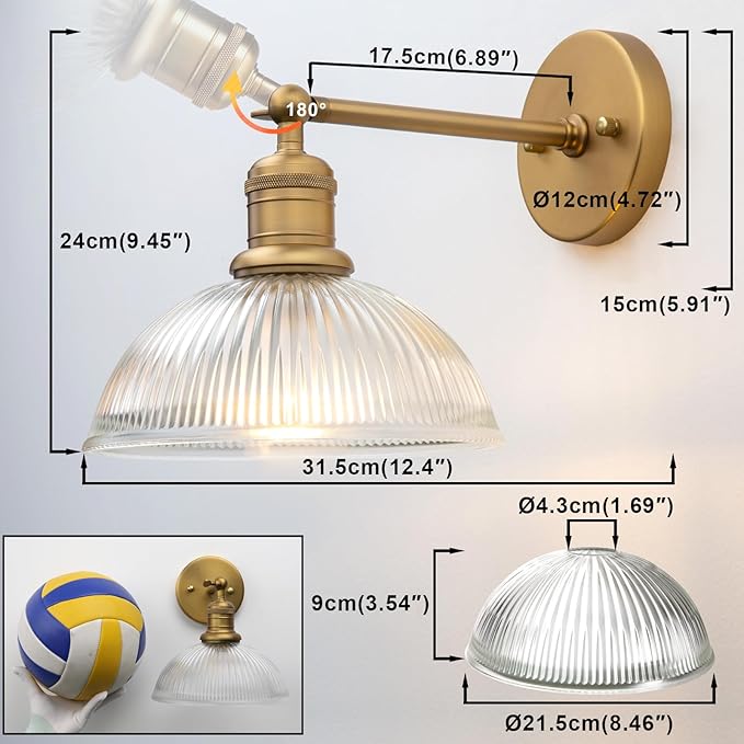 Yosoan Antique Brass Indoor Wall Sconce, 1-Light Modern Vanity Light Vintage Industrial Single Lamp Hardwired Clear Striped Bowl Glass Shade for Living Room Kitchen Bedroom Home Decor(Antique)