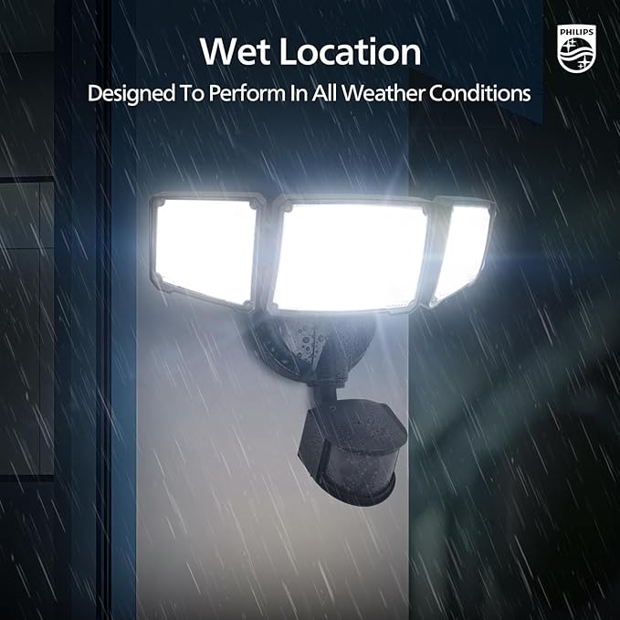 Philips 72W 7400LM LED Security Lights w/PIR Motion Sensor Outdoor, 5000K Daylight Dusk to Dawn Aluminum Flood Light, 3 Adjustable Heads, Waterproof for Garage, Yard, Porch