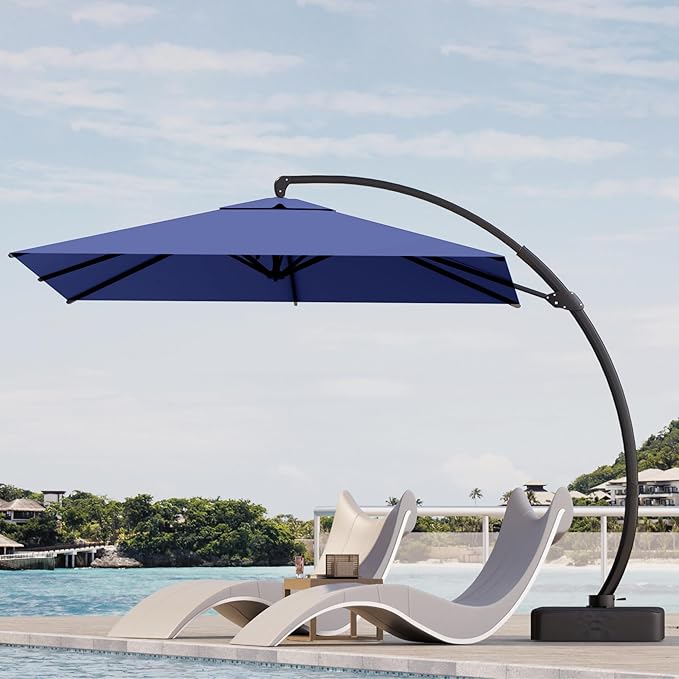 Kingdura 10x10 FT Cantilever Patio Umbrella with Base Included, Large Square Offset Outdoor Pool Umbrella, 360° Rotation & Infinite Tilt, Heavy Duty Aluminum Frame for Deck Backyard, Navy blue