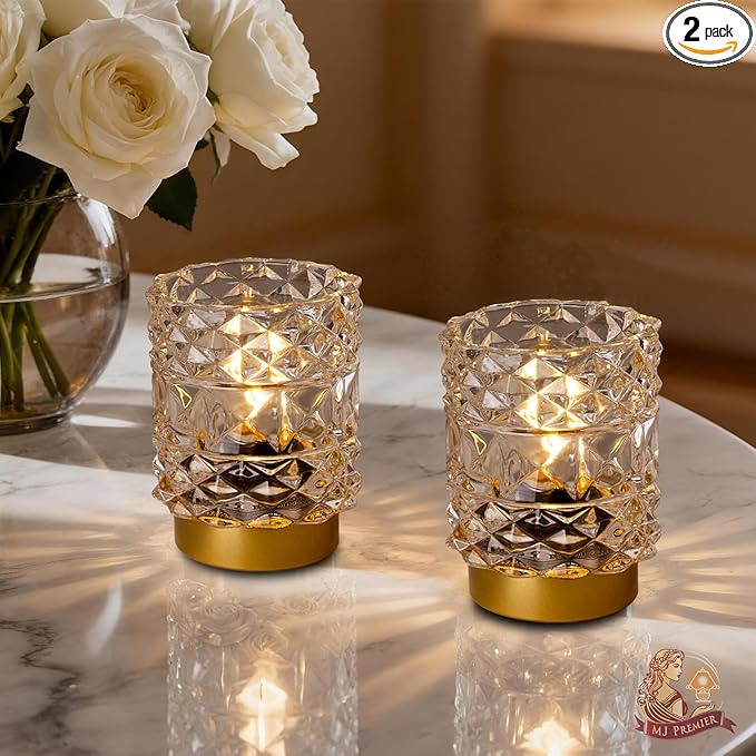 Battery Operated Lamp with Timer, Cordless Table Lamps for Shelf Decor, Rhombus Texture Aesthetic Crystal Lamp, Small Decorative Lamps for Bedroom/Bathroom/Kitchen/Entryway/Dorm (2 Pack Clear)