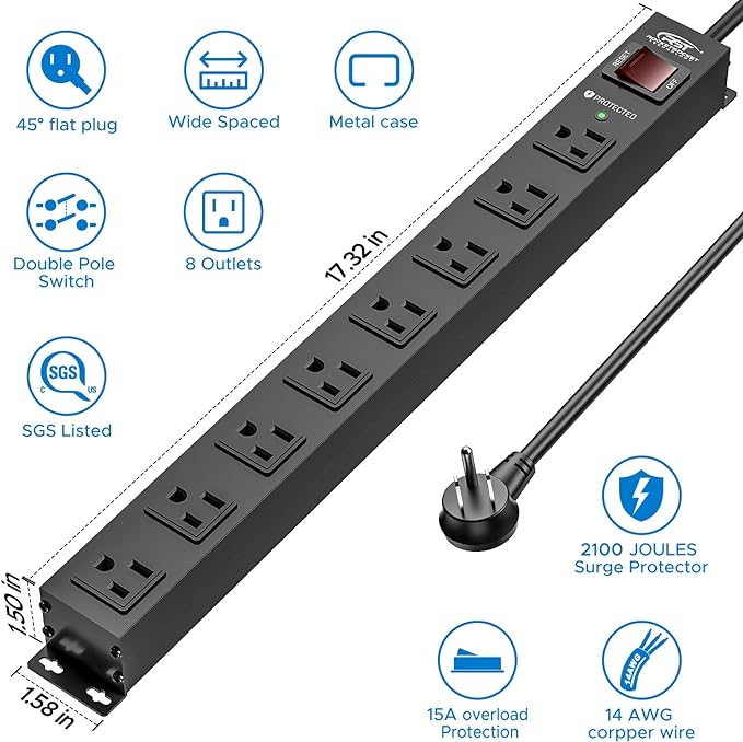 CRST 8 Outlet Metal Heavy Duty Power Strip, 2100J Surge Protector, 6FT Cord Mountable Wide Spaced Industrial Power Strip,15A/1875W
