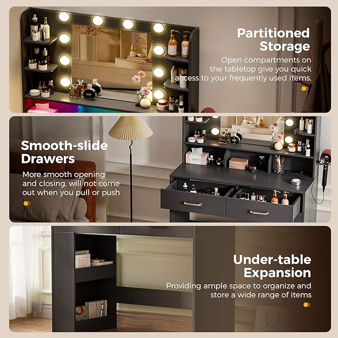 COMHOMA Vanity Desk with Lighted Mirror and Power Outlet, RGB LED Lights Makeup Vanity Set for Girls, Large Storage Capacity Dressing Table for Bedroom, 3 Lighting Modes Adjustable Brightness, Black