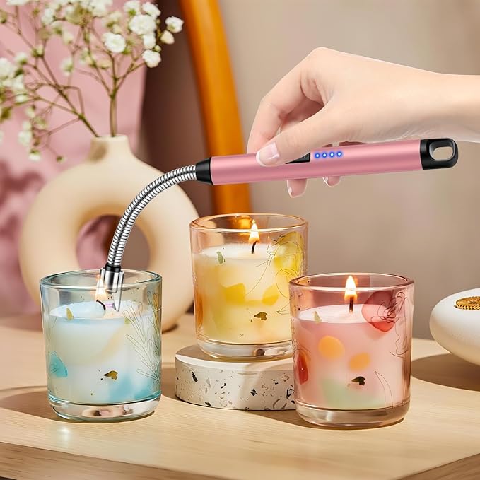 LcFun 3 Pack Candle Lighter Windproof Electric Plasma Lighter with LED Battery Display, USB Rechargeable Flameless Long Arc Lighters for Grill BBQ Camping Fireplace Stove(Black,Pink,Gold)