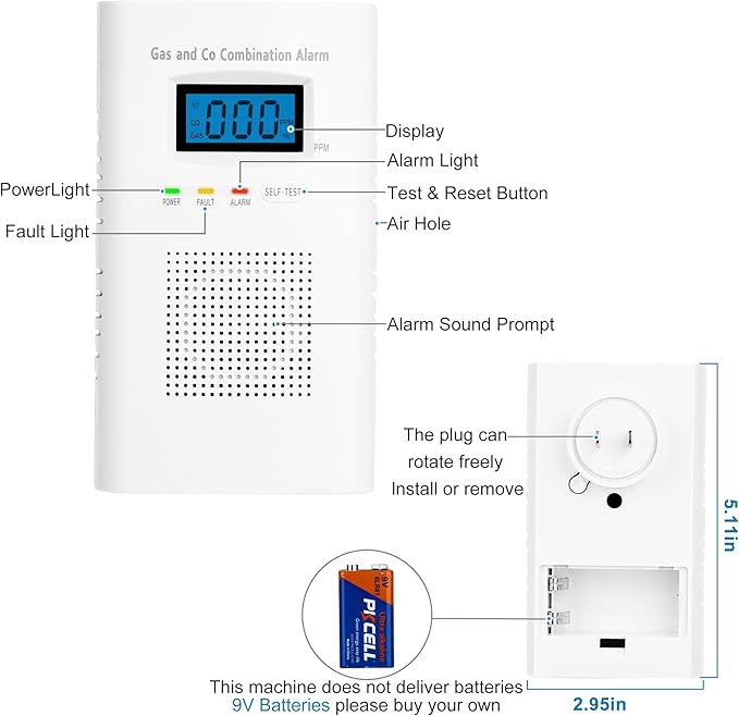 Combination Gas and Carbon Monoxide Detector Plug-in | CO Alarm & Natural Gas Combustible Detector | Digital Display, Battery Backup, Easy Install | for Home Kitchen Safety Monitoring 1-Pack