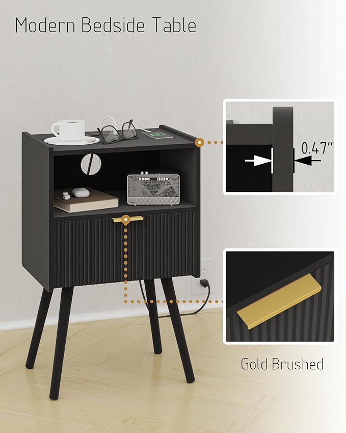 Black Nightstand with Outlet,Modern Bedside Table with Storage Drawer and Open Wood Shelf, for Living Room, Bedroom and Small Spaces, Accent Night Stand with Solid Wood Legs, Easy Assembly