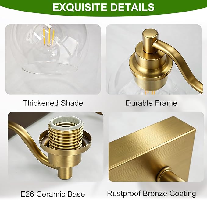 IZORRO Bathroom Light Fixtures, 5 Light Brushed Gold Vanity Light, Modern Wall Sconces with Globe Clear Glass Shade, Vanity Lighting Fixtures Over Mirror,E26 Bulb Socket