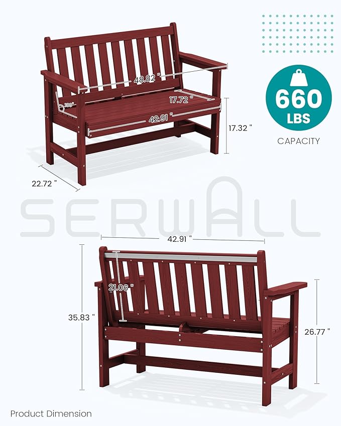 SERWALL Outdoor Bench, HDPE Outdoor Benches Weatherproof, 2-Person Garden Bench with 660 lbs Weight Capacity, Patio Benches for Outdoors, Garden, Porch, Backyard and Park, Red, 6 Pack