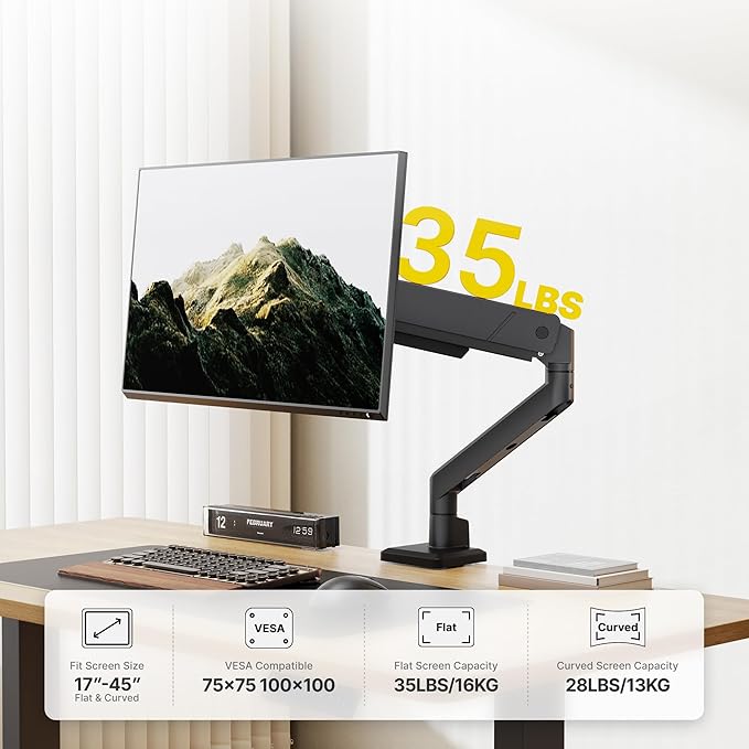 monTEK Single Monitor Arm for Max 45 Inch Ultrawide Screens Adjustable Monitor Desk Mount Holds 35 Lbs Cable Management with Clamp/Grommet Desk Mount, VESA 75/100mm, MA1007BK