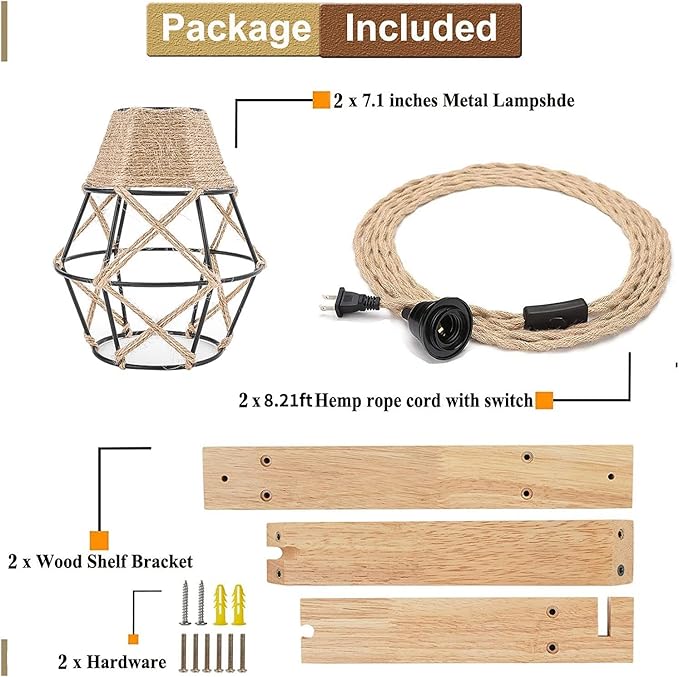 Frideko Wood Wall Sconces Set of Two Plug in, Rustic Wall Lamp with Plug in Cord, Farmhouse Wall Light Fixtures with 8.21FT On/Off Switch Cord, Indoor Sconces Wall Lighting for Bedroom Living Room