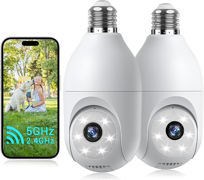 Light Bulb Security Camera Wireless Outdoor, 5G&2.4G WiFi Cameras for Home Security with Patrol, AI Human Detection, Motion Tracking, 2-Way Talk, Color Night Vision, SD/Cloud, 24/7 Recording(2 PACK)
