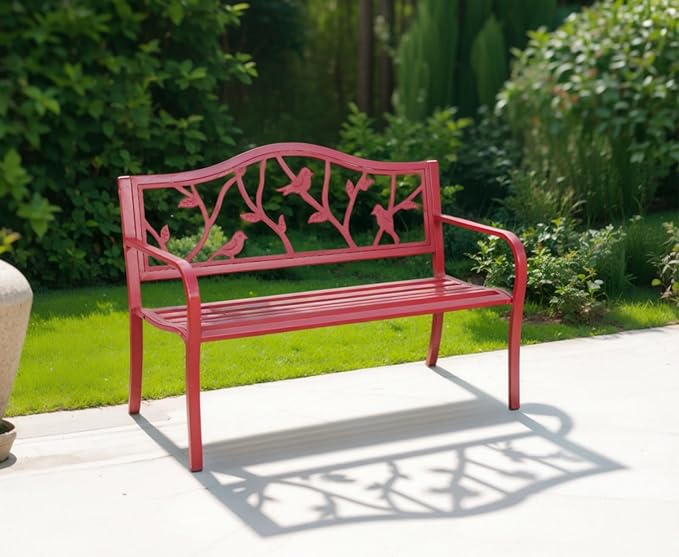 MFSTUDIO 50" Outdoor Red Garden Bench, Steel Metal Frame Patio Park Bench with Bird Pattern Backrest for Porch Backyard Lawn