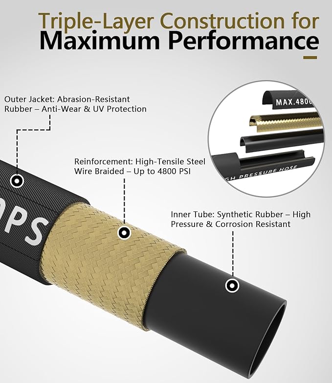 3/8" Pressure Washer Hose 150FT 4800 PSI, Kink Resistant Steel Braided Layer & NonMarking Rubber for Hot/Cold Water, High Power Washer Hose With 3/8 Inch Quick Connect & M22 Fitting, Black