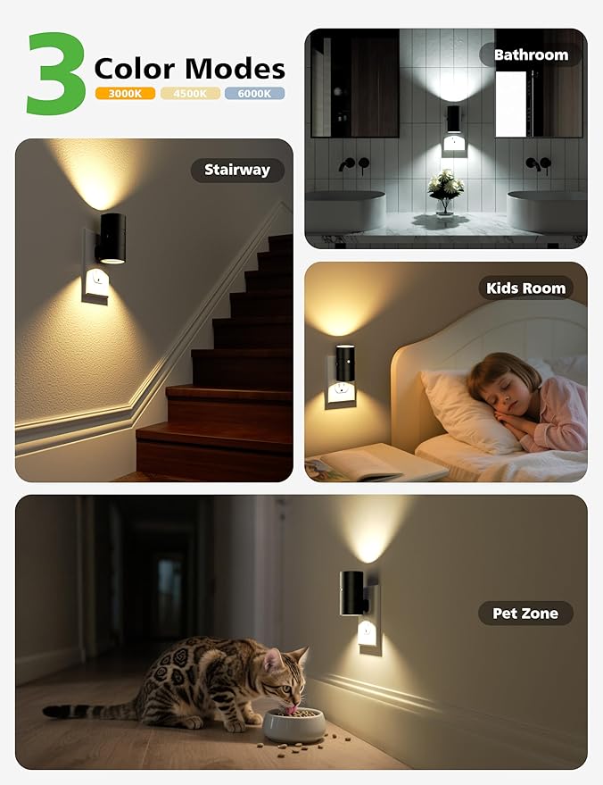 JOFIOS Night Lights Plug Into Wall,Dimmable LED Nightlight with Dusk to Dawn Light Sensor,0-100LM Adjustable Brightness,3 Color Temperatures,Night Light for Hallway Bathroom Stair Bedroom,Black,2 Pack