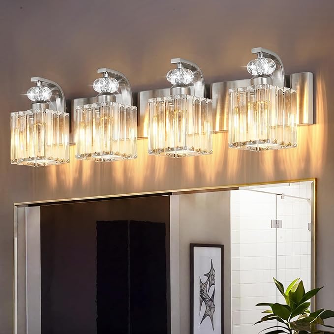 Modern Bathroom Vanity Light, 4-Light Nickel Bathroom Lighting Fixtures Over Mirror, 28.4" Crystal Wall Light Sconce for Bathroom/Bedroom/Vanity, Includes LED Bulbs, Easy Installation