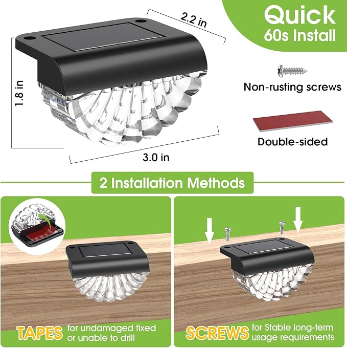 Greluna Solar Fence Lights, 8 Pack Waterproof Deck Outdoor Lights, Auto Dusk to Dawn Step Lights with Warm White Glow, Easy Install for Fence, Patio, Stairs, Pathway, Garden Lighting