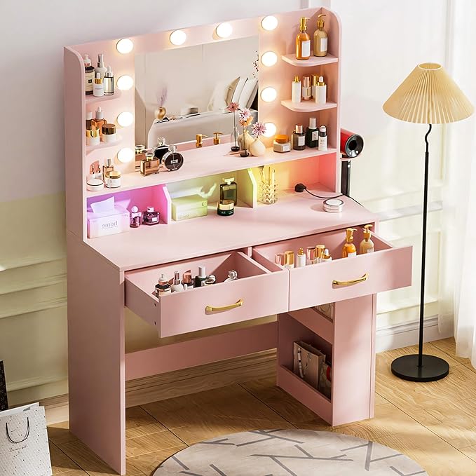COMHOMA Vanity Desk with Lighted Mirror and Power Outlet, RGB LED Lights Makeup Vanity Set for Girls, Large Storage Capacity Dressing Table for Bedroom, 3 Lighting Modes Adjustable Brightness, Pink