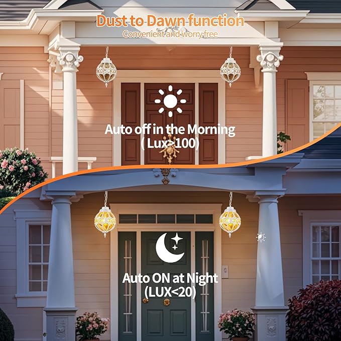 Dusk to Dawn Globe Outdoor Pendant Lights,Vintage Exterior Hanging Pendant Light Fixtures with Adjustable Chain, Aluminum White Outdoor Chandelier for Porch, Gazebo,with Sensor,General