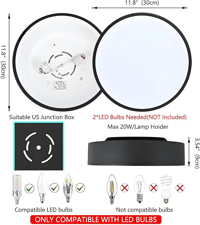 Modern Black Flush Mount Ceiling Light, 2-Lights Round Ceiling Light, Minimalistic Ceiling Lamp Acrylic Shade Lighting Fixture for Bedroom Laundry Room Bathroom Hallway(11.8 Inch)