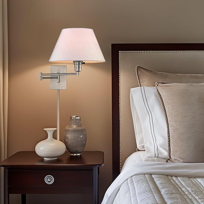 Kira Home Cambridge 15" Modern Swing Arm Wall Sconce with White Empire Fabric Shade, 2-in-1 Plug in or Hardwired Wall Lamp with 3-Way Switch, Satin Nickel Finish
