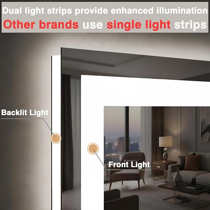 50"x32" LED Lit Bathroom Mirror, Front and Backlit LED Mirror, Anti-Fog Bathroom Mirror with Lights, 3 Colors Stepless Dimmable Mirror, Touch Sense (Horizontal/Vertical)
