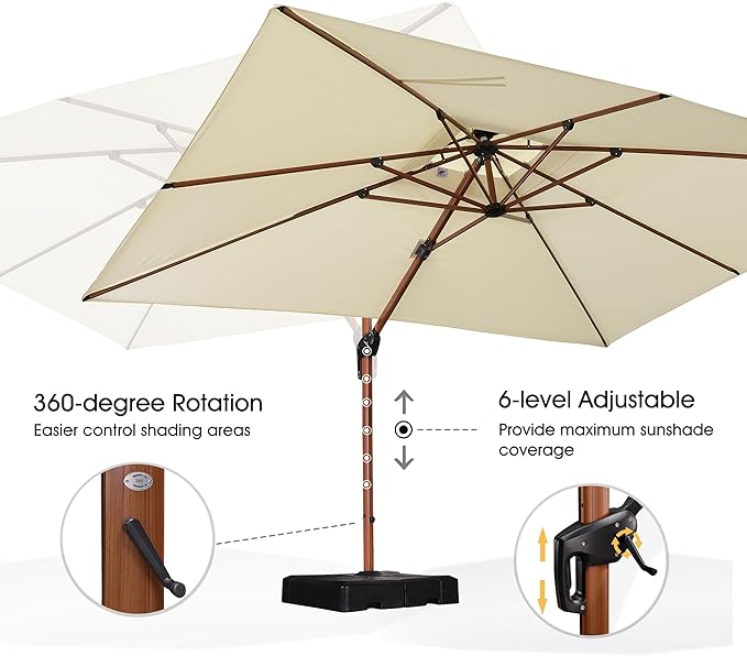 PURPLE LEAF 9' X 12' Double Top Deluxe Wood Pattern Rectangle Patio Umbrella with Base Offset Hanging Umbrella Outdoor Market Umbrella Garden Umbrella, Cream