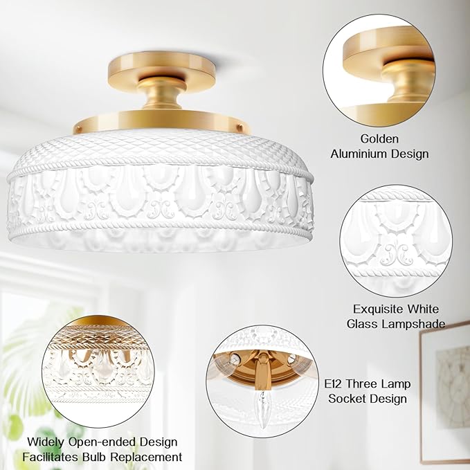 Lamomo Semi Flush Mount Ceiling Light,White Glass Shade Gold Hallway Light Fixture,3-Bulb Globe Glass Close to Ceiling Scone,Indoor Hanging Light for Bedroom Kitchen Porch Hallway,Bulbs Not Included