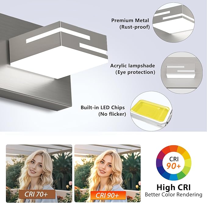 LED Modern Bathroom Vanity Light Fixtures, 7-Light 48-inch Dimmable Brushed Nickel Vanity Lights for Bathroom Lighting Fixtures Over Mirror, with 360° Rotatable Acrylic Heads (Cool White 6000K)