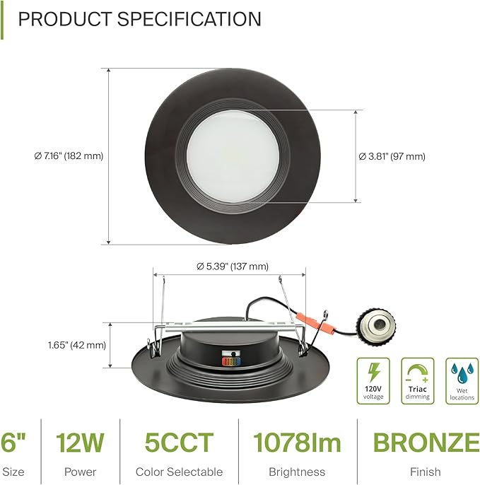 ASD Bronze Retrofit LED Recessed Lighting 6 Inch - 12W 2700K-5000K 1078LM Can Lights for Ceiling 6 Inch, Dimmable Bronze Recessed Lights, Baffle Trim Wet Rated Wafer Lights, ETL, Energy Star