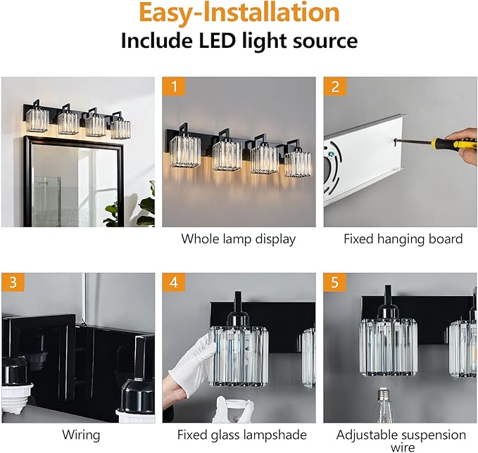 Modern Bathroom Vanity Light 4-Lights Plating Black Vanity Light Crystal Wall Light Bathroom Light Fixtures