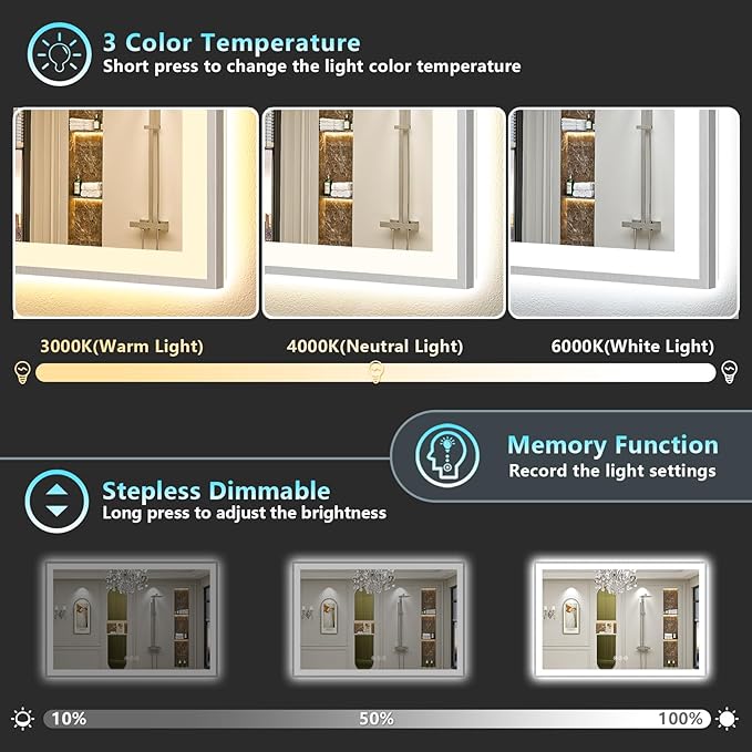 77x36 Brushed Nickel LED Bathroom Mirror with Lights, Sliver Framed Backlit and Front Lit Anti-Fog Lighted Vanity Mirrors for Bathroom Wall, Dimmable, 3 Colors, Memory, Tempered Glass, CRI＞90