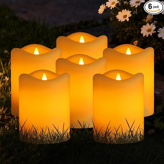Solar Powered Candles Outdoor 6 Pack, 3"x4" IP65 Waterproof Rechargeable Solar LED Lights, Dusk to Dawn Sensor Pillar Candles for Weddings, Events, Party Decor, Garden Pathway, Yard & Patio