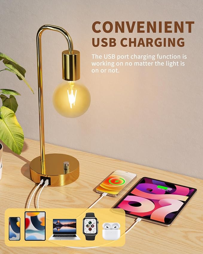 ONEWISH Industrial Table Lamp with 2 USB Port, Stepless Dimmable Nightstand Bedside Lamps for Bedroom,Desk Lamps with 2700K Gold Gradient Bulb for Reading Living Room