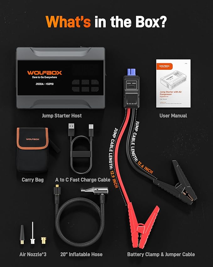 WOLFBOX 2000A Jump Starter with Air Compressor, 10000mAh Car Battery Jumper Starter Portable (up to 5L Gas Engine) with 150PSI Tire Inflator, 12V Jump Box with Jumper Cables, Boost, LED Light