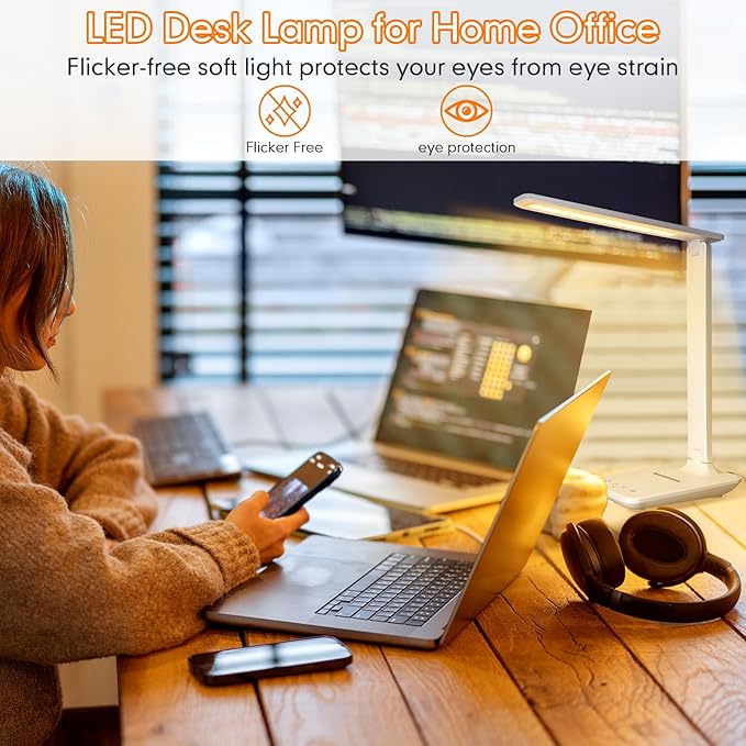 White crown LED Desk Lamp with 15W Wireless Charger & USB Port, Dimmable Table Lamp with 5 Lighting Modes, Sensitive Touch Control, Foldable & Portable Desk Light for Home, Office, Bedroom, Reading