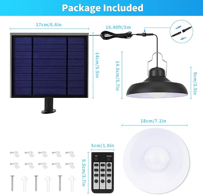 Solar Pendant Shed Light-3000K/4000K/6500K/Dimmable Lighting solar power light with Remote Control,IP65 Waterproof Timing Indoor/Outdoor Hanging Lantern Light,16.4ft Cord for Patio Garden Henhouse