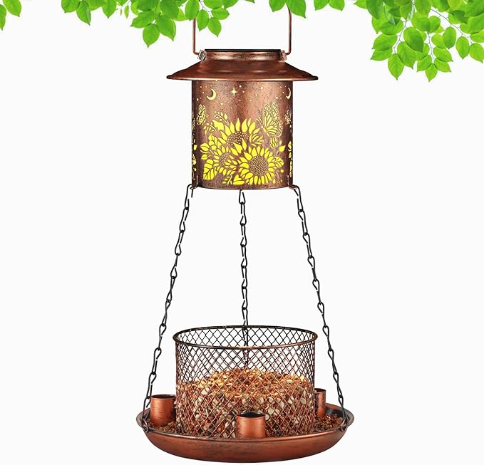 Butterfly Solar Bird Feeder for Outdoor Hanging Gifts for Women Mom Sunflower Metal Wild Birdfeeder Garden Lantern Decor Lanterns Outside for Yard Patio Lawn Pathway Landscape